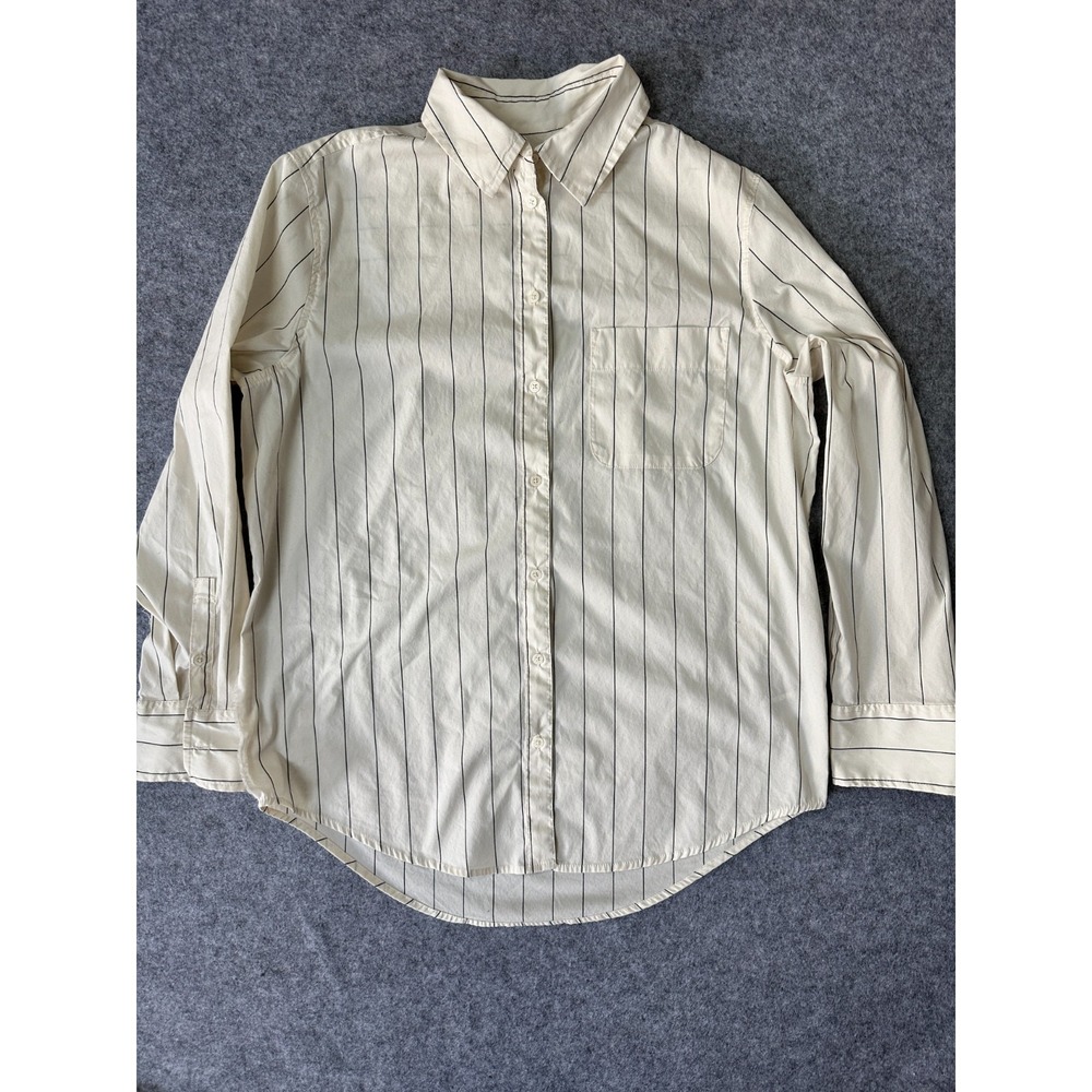 A New Day Shirt Womens M White Striped Cotton Stretch Long Sleeve Button Up‎ Top